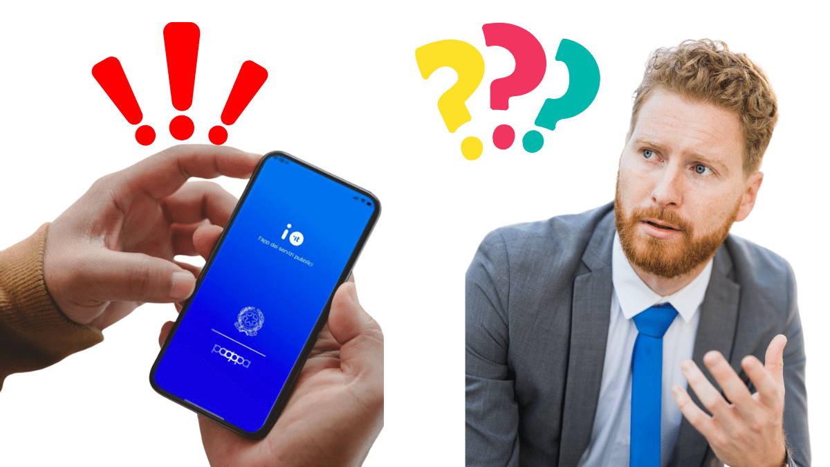 App IO wallet digitale: smartphone con app e utente con domande frequenti sul nuovo servizio