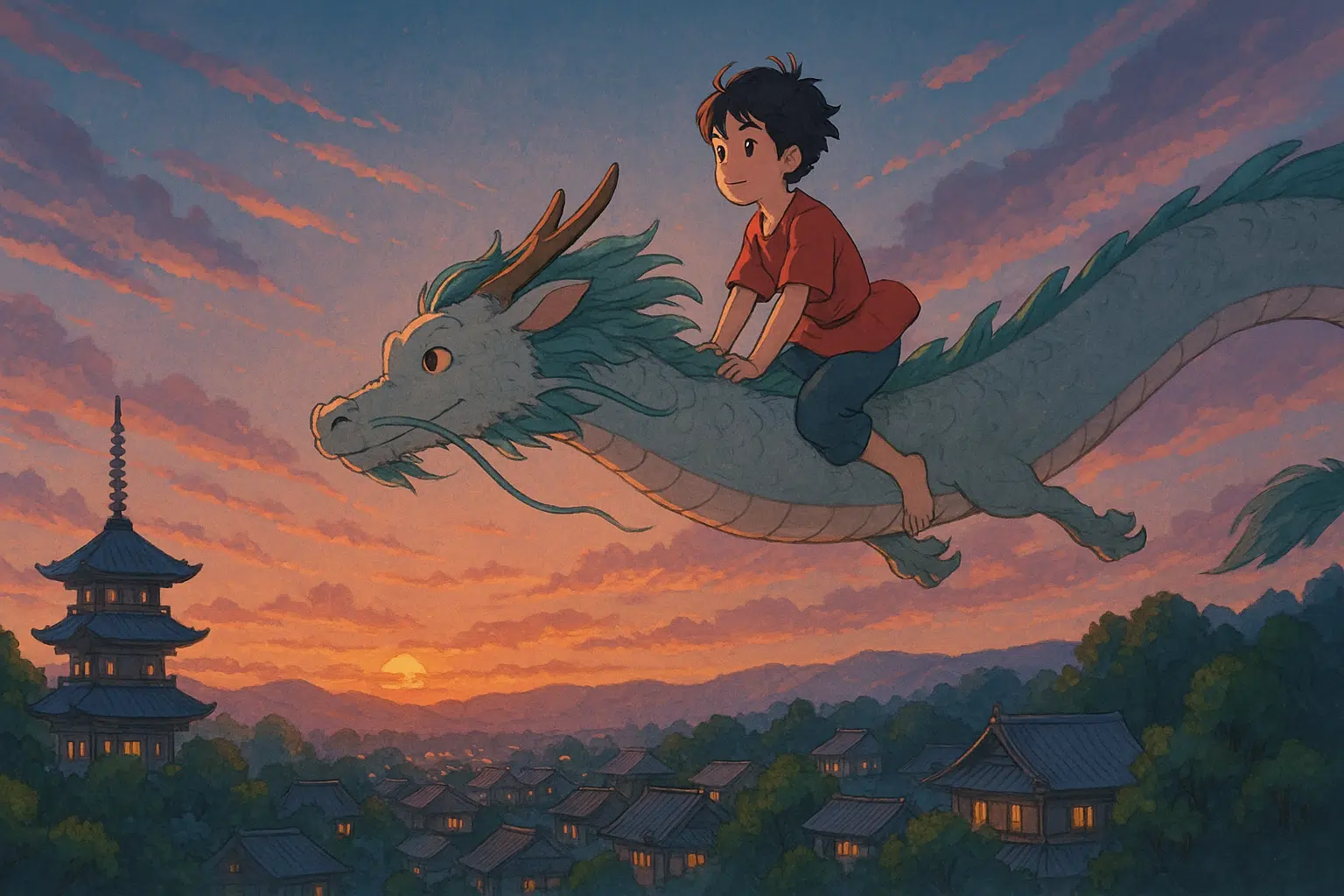 Illustrazione AI in stile Ghibli con ragazzo su drago sopra un villaggio al tramonto